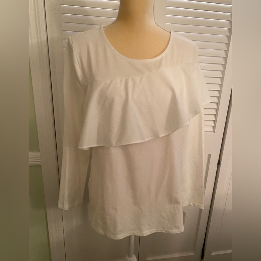 Style & Company, winter white long sleeve shirt with asymmetrical ruffle. Sz M